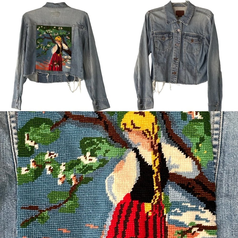 Custom Denim Jacket XL Needlepoint Blonde Blossom Girl Crop Handmade Trucker